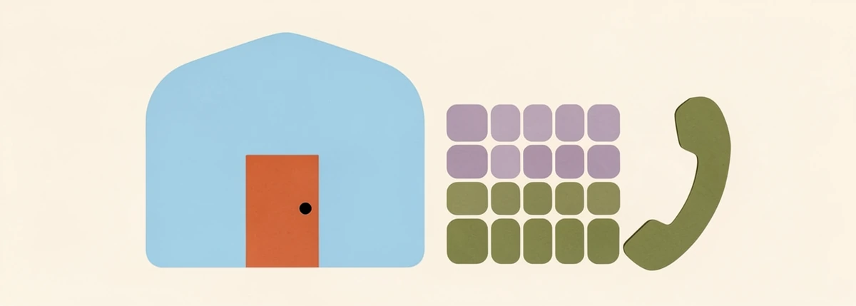 A small building beside a calendar grid of booked slots and a telephone handset.