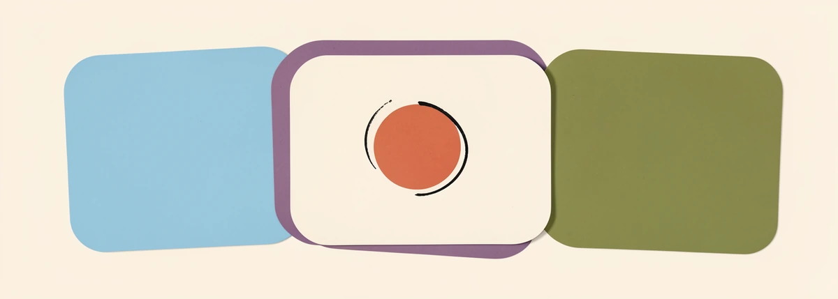 Three overlapping blank sheets of paper in blue, lilac and green with an orange circle.