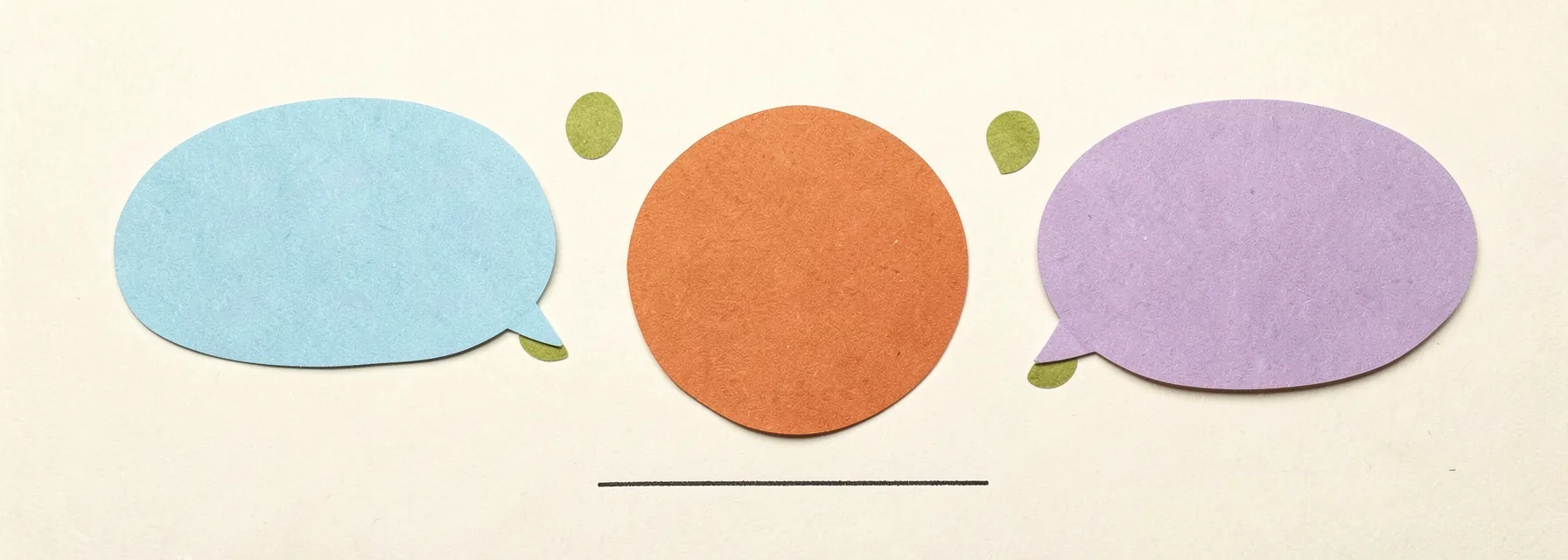 A terracotta circle between two blank speech bubbles, one blue and one lilac.