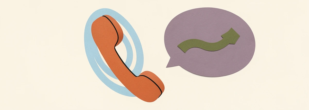 A telephone handset with ripples spreading out and an arrow answering back.