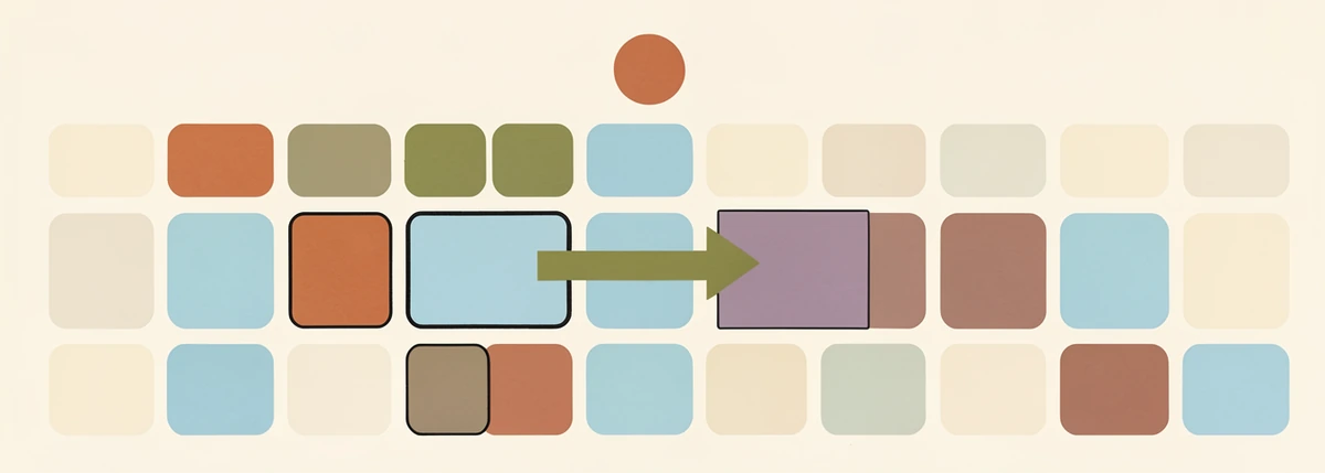 A calendar grid with one empty slot being filled by a sliding square.