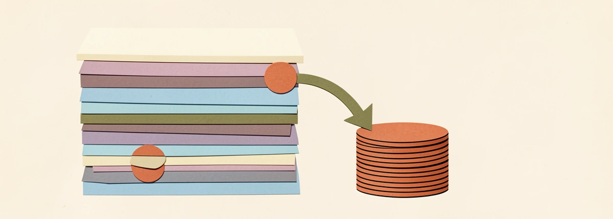 Blank sheets of paper with coins flowing from them into a neat stack.
