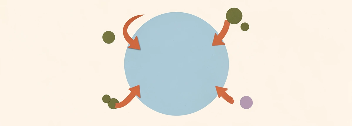 Small circles drifting away, with curved arrows bringing them back into one large circle.